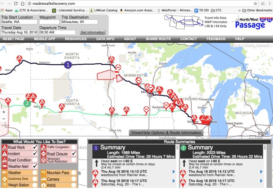 A map of possible routes from Milwaukee going west past North Dakota, with boxes the user can check to show Road Work, Weather Alerts, Road Conditions, and other features of the route.