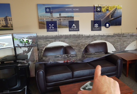 Hologram of the Stone Arch Bridge in a mixed-reality environment as shown first person from the HoloLens 2. 