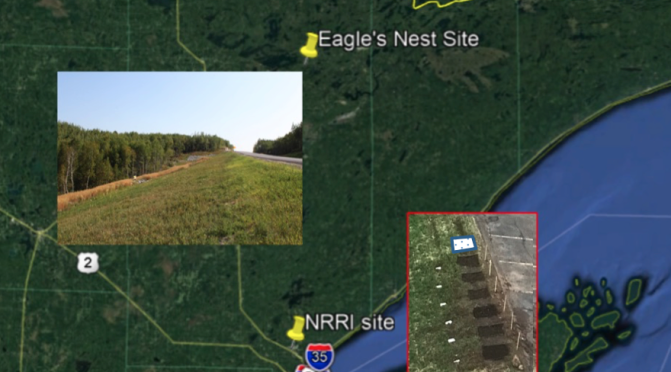 A map of northeastern Minnesota includes locations and photographs of the project’s two bioslopes: one large bioslope installation along Highway169 at Eagles Nest and a set of bioslope test plots at the Natural Resources Research Institute of the University of Minnesota Duluth. A western portion of Lake Superior is visible.