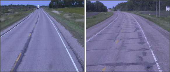 (Left) A roadway with pavement in relatively good condition. (Right) A similar roadway with pavement that has been patched and shows areas with cracks.